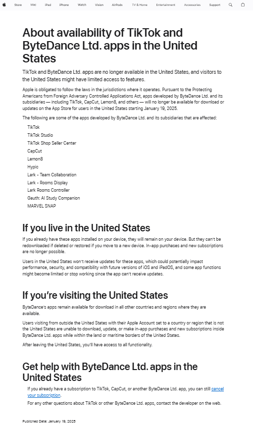 苹果公司：TikTok及字节跳动旗下应用在美国已不可用